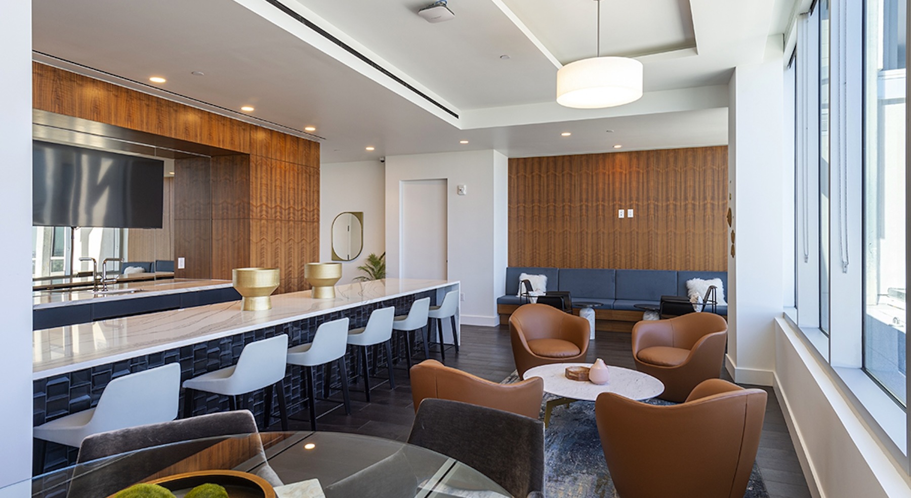lounge room with wooden accents and natural lighting