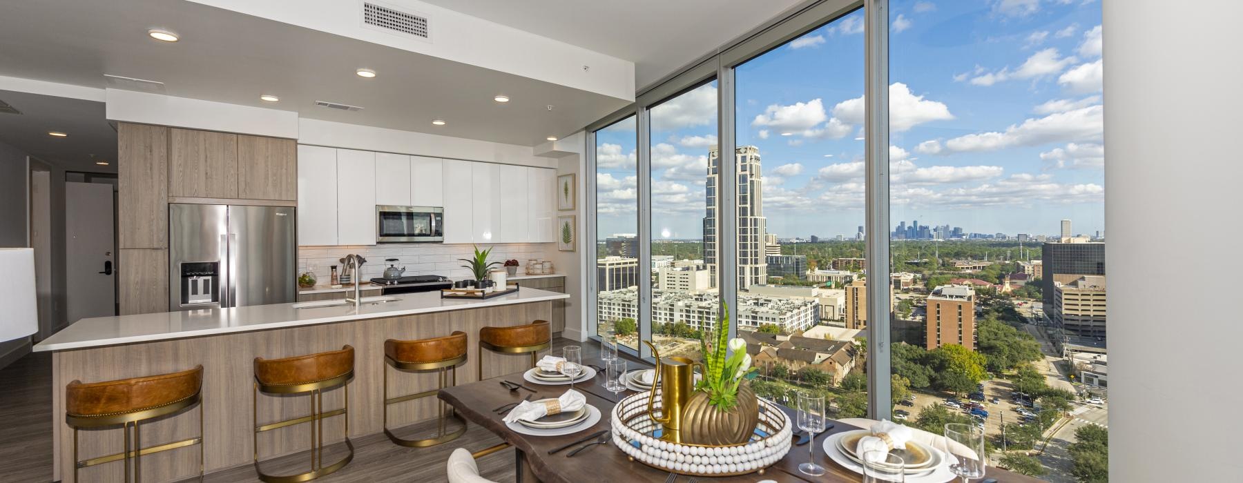 a large kitchen with a large window